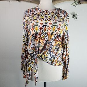 Fourteenth place tribal asymmetrica tie hem blouse